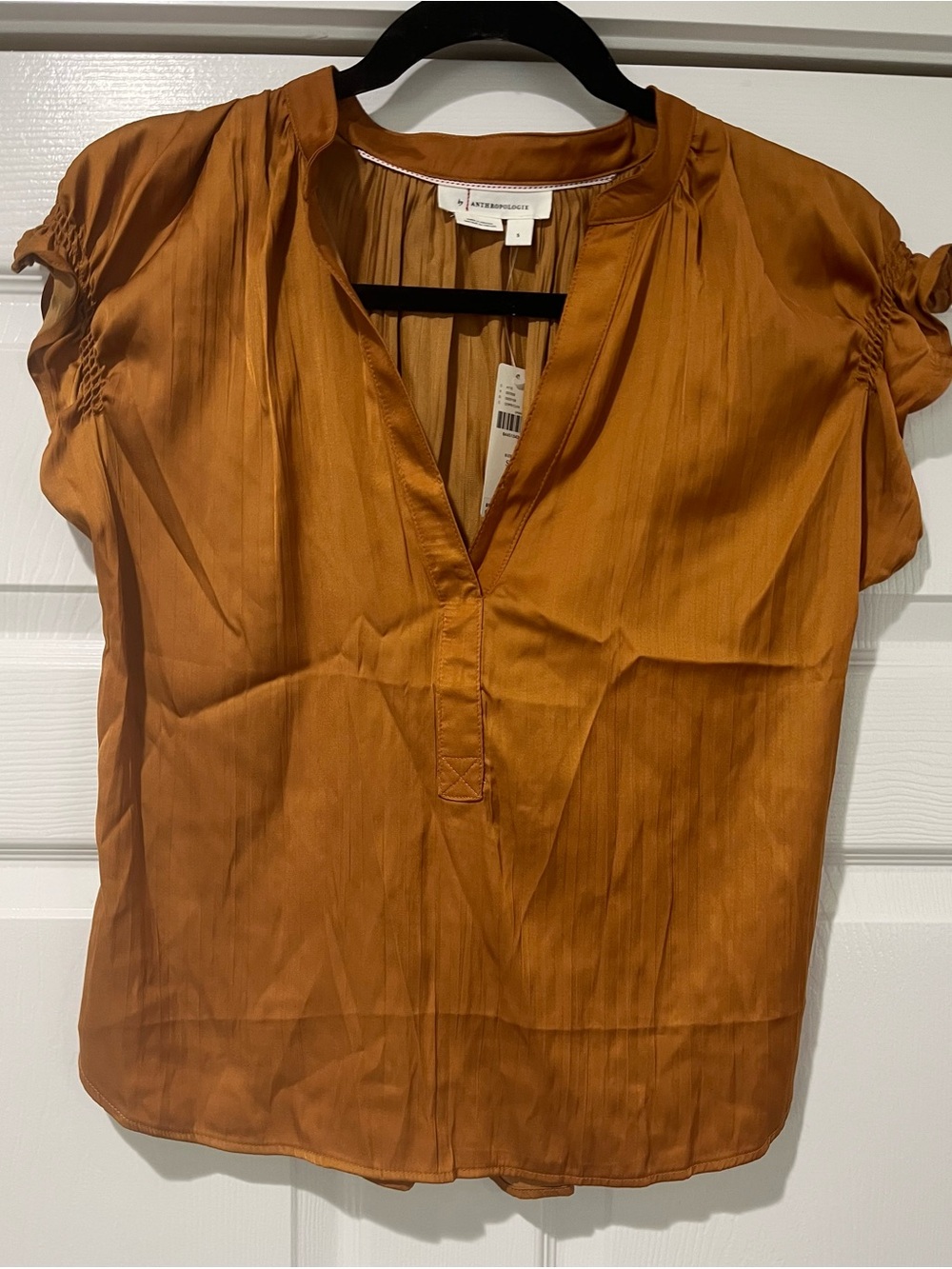 Anthropologie Burnt Orange Short-Sleeve V-Neck Blouse
